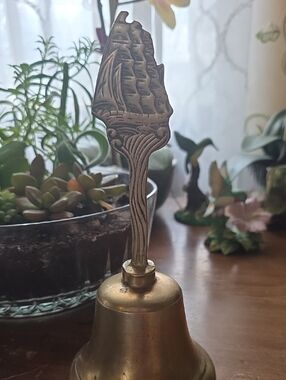 Vintage Brass Hand Bell with Sailing Ship Handle